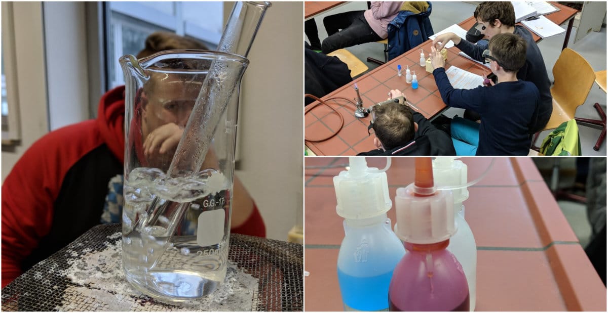 Schülerinnen und Schüler beim Experimentieren im Biologisch-chemischen Praktikum